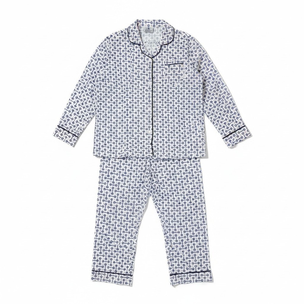 Malabar Bay Womens Pajama Set L White Blue Horse Bit Equestrian Print 2PC L/S
